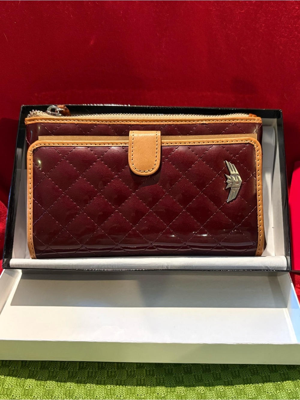 Consuela Burgundy Quilted Patent Wallet with Tan Trim